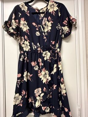 Sienna Sky Navy Floral Wrap Dress Size L Ruffle Hem